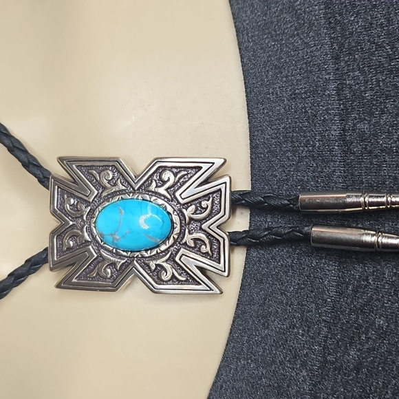 Western Style Silver and Blue Bolo Tie with Turquoise Pendant - Picture 2 of 6